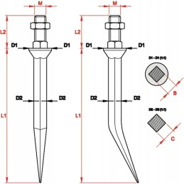 Akėčių dantys išlenkti m16 16 mm 4 kampai