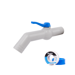 Rinkinys - PP čiaupas 45° 1'' 32 mm žarnai, 20 cm ilgio, su PTFE juostele -GTM451025