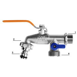 Rutulinis čiaupas GZ3/4", 2 x GZ 1" išleidimo angos + nipelis greitam prijungimui -GKK0534
