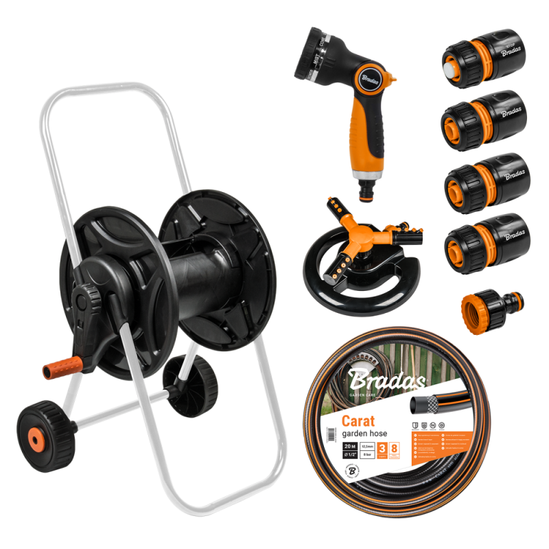 BLACK LINE vežimėlis su 1/2 colio 20 m žarna, pistoletu, purkštuvu ir jungiamosiomis detalėmis -ECO-AG26020SET2