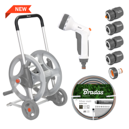 WHITE LINE metalinis vežimėlis su 1/2 colio 50 m žarna ir SILVER PRO SET priedais -WL-AG33350SET1