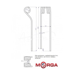 Kairysis rotacinis grėblio vartytuvo dantis Claas 9024832 L- 403 X 96 X 9, milteliniu būdu dažytas MORGA - 9024832M