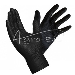 Guminės apžiūros pirštinės, pagamintos iš nitrilo su tekstūruotu, deimanto formos paviršiumi. Juodos, S dydžio . Storos, sutvirt