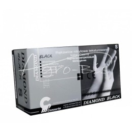 Guminės apžiūros pirštinės, pagamintos iš nitrilo su tekstūruotu, deimanto formos paviršiumi. Juodos, S dydžio . Storos, sutvirt