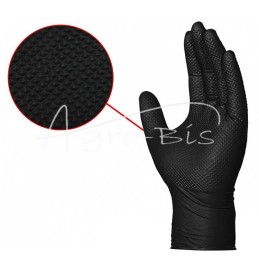 Guminės apžiūros pirštinės, pagamintos iš nitrilo su tekstūruotu, deimanto formos paviršiumi. Juodos, M dydžio . Storos, sutvirt