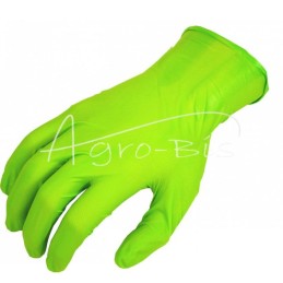 Guminės apžiūros pirštinės, pagamintos iš nitrilo su tekstūruotu, rombo formos paviršiumi. Žalios, M dydžio . Storos, sutvirtint