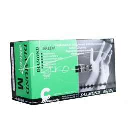 Guminės apžiūros pirštinės, pagamintos iš nitrilo su tekstūruotu, rombo formos paviršiumi. Žalios, M dydžio . Storos, sutvirtint