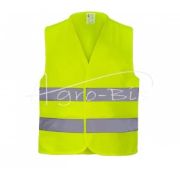 5 vnt - Geltona fluorescencinė įspėjamoji liemenė su dviem šviesą atspindinčiomis juostelėmis, priekyje užsegimu „Velcro“, XL dy
