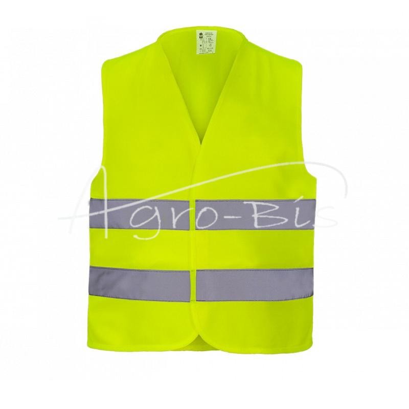 5 vnt - Geltona fluorescencinė įspėjamoji liemenė su dviem šviesą atspindinčiomis juostelėmis, priekyje užsegimu „Velcro“, XL dy