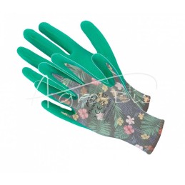 20 vnt - Apsauginės pirštinės iš megzto poliesterio audinio, padengto putų lateksu, žalios, su gėlių raštu, M dydis - ROKM