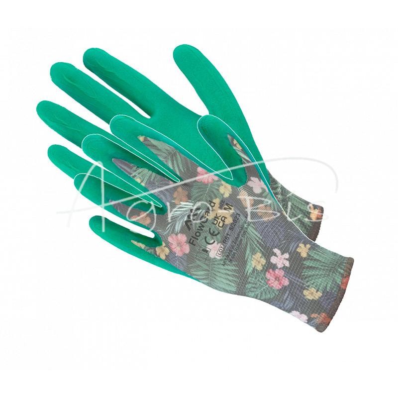 20 vnt - Apsauginės pirštinės iš megzto poliesterio audinio, padengto putų lateksu, žalios, su gėlių raštu, M dydis - ROKM