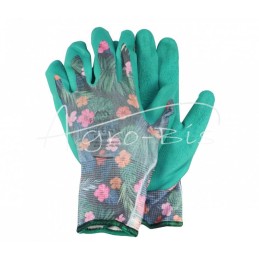 20 vnt - Apsauginės pirštinės iš megzto poliesterio audinio, padengto putų lateksu, žalios, su gėlių raštu, M dydis - ROKM