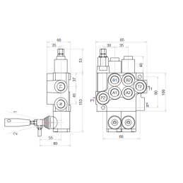 Hidraulinis skirstytuvas, 1 sekcija, P40l/min, su hidraulinio variklio valdymo skląsčiu