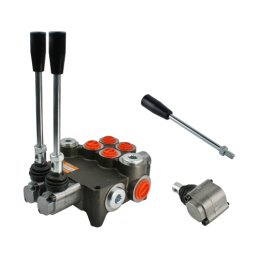 Dviejų sekcijų hidraulinis skirstytuvas 80L su atsarginiu dangteliu ir svirtimi