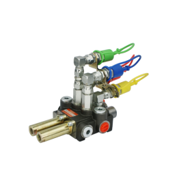 2 sekcijų hidraulinis skirstytuvas 40 l/min. su greitųjų jungčių komplektu, europiniais kištukais, valdomas trosais ir vairasvir