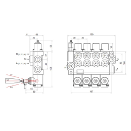 Hidraulinis skirstytuvas 40L 4 sekcijų su viena sekcija ir skląsčiu