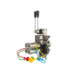 Dviejų sekcijų hidraulinis skirstytuvas 80L su minkštų greitųjų jungčių komplektu, europietiškais lizdais