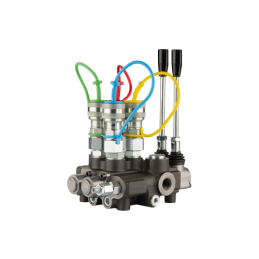 Dviejų sekcijų hidraulinis skirstytuvas 80L su minkštų greitųjų jungčių komplektu, europietiškais lizdais