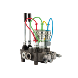 Dviejų sekcijų hidraulinis skirstytuvas 80L su minkštų greitųjų jungčių komplektu, europietiškais lizdais