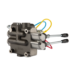 Dviejų sekcijų hidraulinis skirstytuvas 80L su minkštų greitųjų jungčių komplektu, europietiškais lizdais