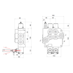 Dviejų sekcijų hidraulinis skirstytuvas 80L su minkštų greitųjų jungčių komplektu, europietiškais lizdais
