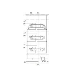 3 sekcijų hidraulinis skirstytuvas 45L su svirtimi ir 1,5 m kabeliu