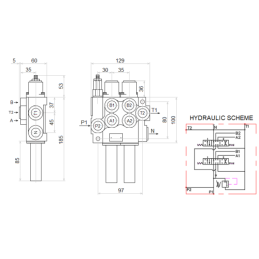 2 dalių hidraulinis komplektas: 40 l skirstytuvas + valdymo svirtis be mygtukų + du 1 m ilgio kabeliai