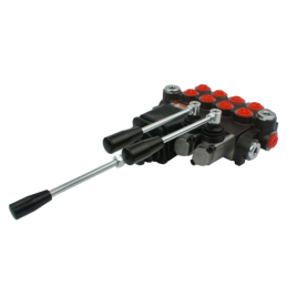 4 sekcijų hidraulinis skirstytuvas 40L, valdomas dviem svirtimis ir viena valdymo svirtimi