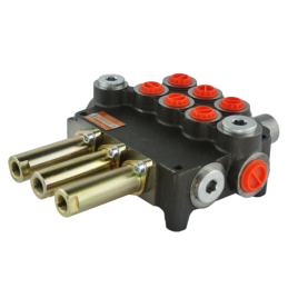 3 sekcijų hidraulinis skirstytuvas, 80 l/min., valdomas trosais ir vairasvirtėmis