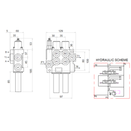 2 dalių hidraulinis komplektas: 40 l skirstytuvas + vairasvirtė su vienu mygtuku + du 3 m kabeliai