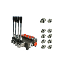 4 sekcijų monoblokinis hidraulinis skirstytuvas 80L su jungtimis