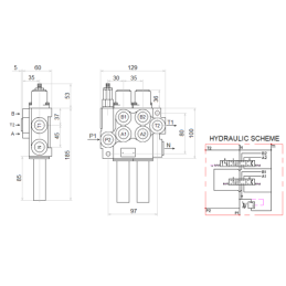 sekcijų hidraulinis komplektas: 40 l skirstytuvas su plūduriuojančia sekcija + valdymo svirtis be mygtukų + du 2 m kabeliai