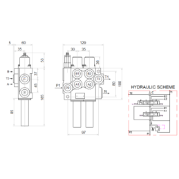 2 sekcijų hidraulinis komplektas: 40 l skirstytuvas su plūduriuojančia sekcija + valdymo svirtis be mygtukų + du 1 m kabeliai
