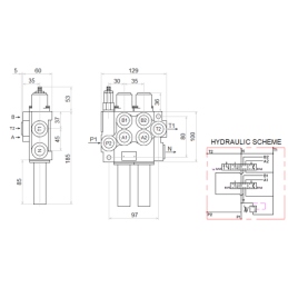 2 sekcijų hidraulinis komplektas: 40 l skirstytuvas su plūduriuojančia sekcija + valdymo svirtis su vienu mygtuku + du 1 m kabel