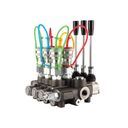 Dviejų sekcijų hidraulinis skirstytuvas 80L su minkštų greitųjų jungčių komplektu, europietiškais lizdais