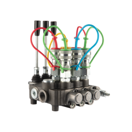 Dviejų sekcijų hidraulinis skirstytuvas 80L su minkštų greitųjų jungčių komplektu, europietiškais lizdais
