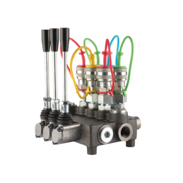 Dviejų sekcijų hidraulinis skirstytuvas 80L su minkštų greitųjų jungčių komplektu, europietiškais lizdais