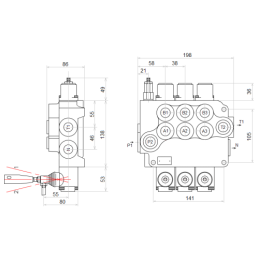Dviejų sekcijų hidraulinis skirstytuvas 80L su minkštų greitųjų jungčių komplektu, europietiškais lizdais