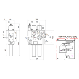3 dalių hidraulinis komplektas Tura modeliui: 40L skirstytuvas + 6/2 solenoidinis vožtuvas + valdymo svirtis su vienu mygtuku + 