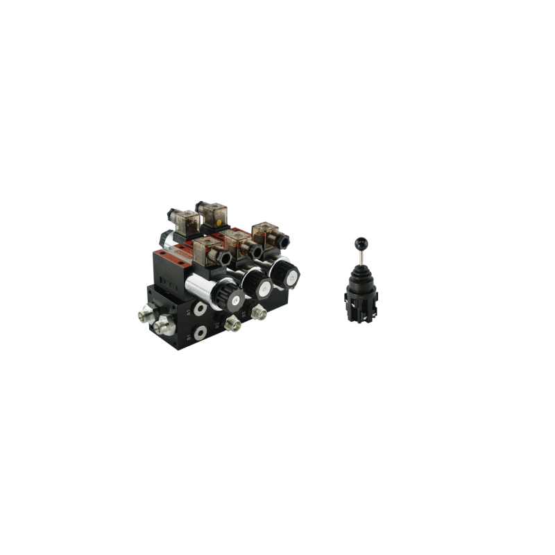 2 sekcijų hidraulinis skirstytuvas CETOP 03 NG6, valdomas elektra 24 V, komplektuojamas su 5 padėčių elektrine valdymo svirtimi