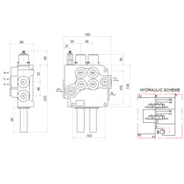 2 dalių hidraulinis komplektas: 80 l skirstytuvas + vairasvirtė su vienu mygtuku + du 3 m kabeliai