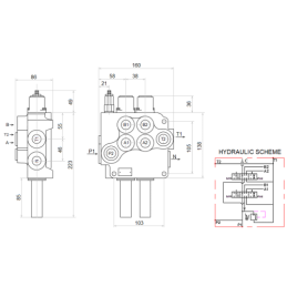 2 dalių hidraulinis komplektas: 80 l skirstytuvas + vieno mygtuko valdymo svirtis + du 2,5 m ilgio kabeliai