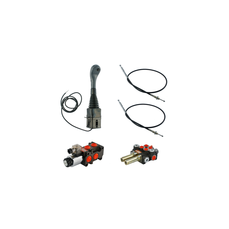 3 dalių hidraulinis komplektas: 40 l skirstytuvas + 6/2 solenoidinis vožtuvas + valdymo svirtis su vienu mygtuku + du 1 m kabeli