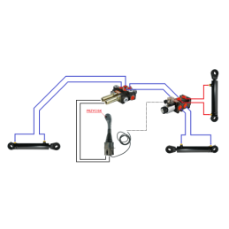 3 dalių hidraulinis komplektas: 40 l skirstytuvas + 6/2 solenoidinis vožtuvas + valdymo svirtis su vienu mygtuku + du 2,5 m kabe