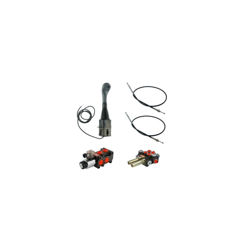 3 dalių hidraulinis komplektas: 40 l skirstytuvas + 6/2 solenoidinis vožtuvas + valdymo svirtis su vienu mygtuku + du 2 m kabeli