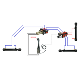 3 dalių hidraulinis komplektas: 40 l skirstytuvas + 6/2 solenoidinis vožtuvas + valdymo svirtis su vienu mygtuku + du 2,5 m kabe
