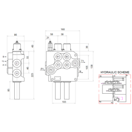 2 sekcijų hidraulinis komplektas: 80 l skirstytuvas su plūduriuojančia sekcija + valdymo svirtis su vienu mygtuku + du 2 m kabel