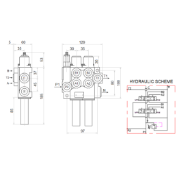 3 sekcijų hidraulinis komplektas: 40 l skirstytuvas su plūduriuojančia sekcija + 6/2 solenoidinis vožtuvas + valdymo svirtis su 