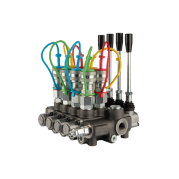 4 sekcijų hidraulinis skirstytuvas 80L su minkštų greitųjų jungčių komplektu, europietiškais lizdais