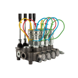 4 sekcijų hidraulinis skirstytuvas 80L su minkštų greitųjų jungčių komplektu, europietiškais lizdais